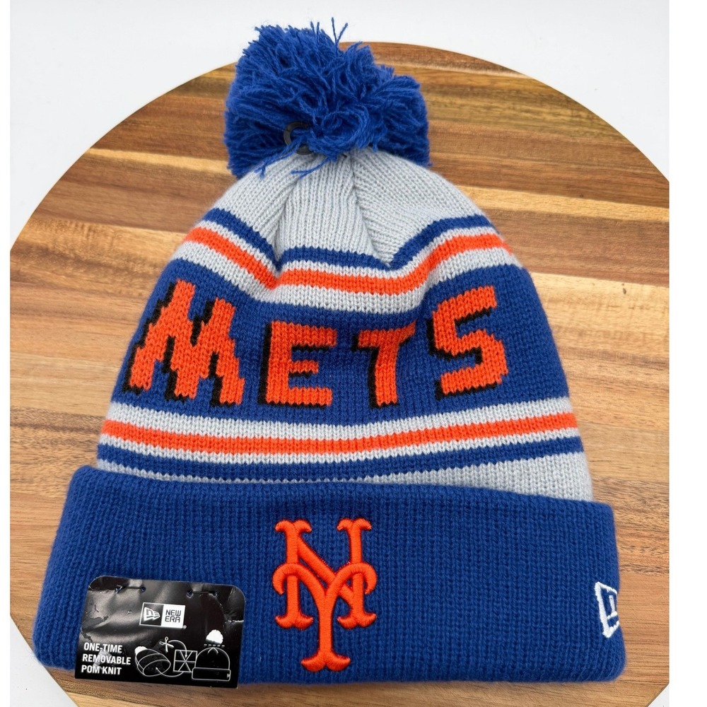 New Era New York Mets Youth Beanie Removable Pom Knit Hat Blue Orange 2171